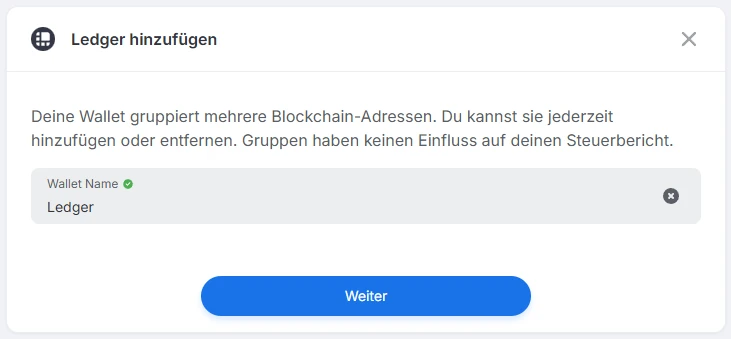 Blockpit Dialog Ledger hinzufügen mit dem Wallet-Namen Ledger