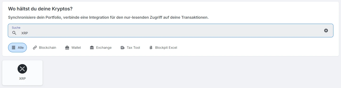 Blockpit: Suche nach XRP unter „Wo hältst du deine Kryptos?“