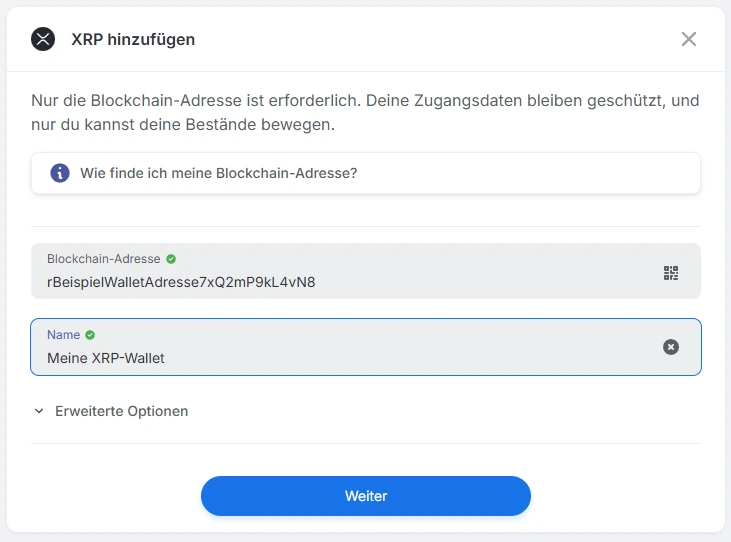 Blockpit: Dialog „XRP hinzufügen“ mit Beispieladresse und Name