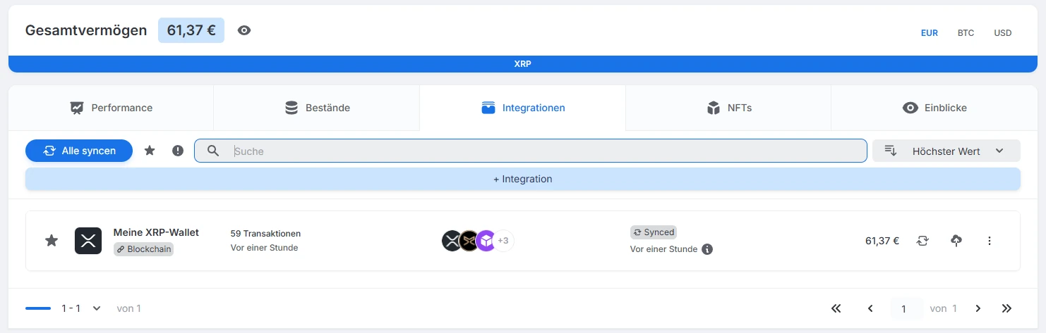 Blockpit: Integration „Meine XRP-Wallet“ mit 59 Transaktionen, Status Synced