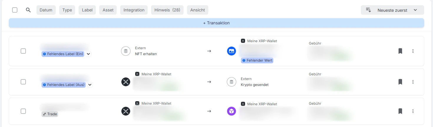 Blockpit: Transaktionen mit „Fehlendes Label“, „NFT erhalten“ und „Trade“; Beträge und Zeiten unkenntlich