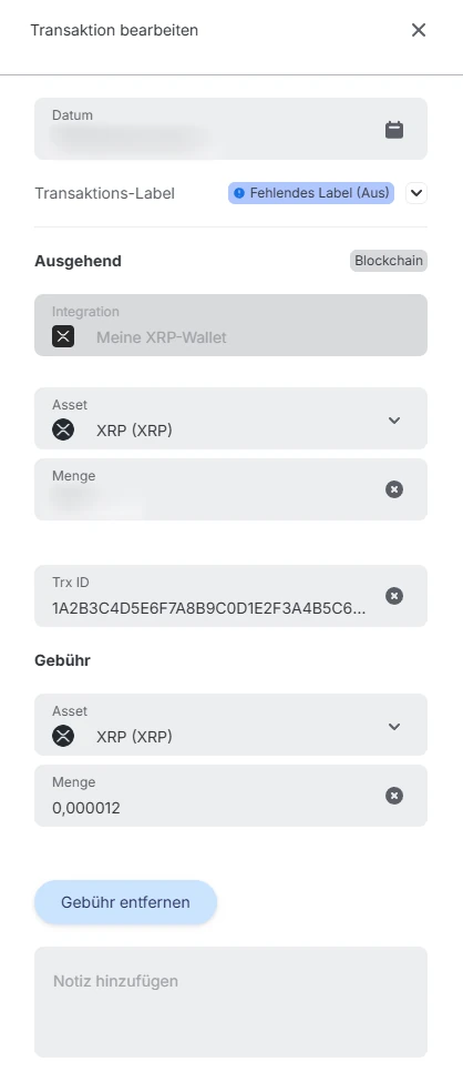 Blockpit Seitenleiste Transaktion bearbeiten mit Label, Integration, Asset, Menge und Gebühr; Datum und Menge unkenntlich