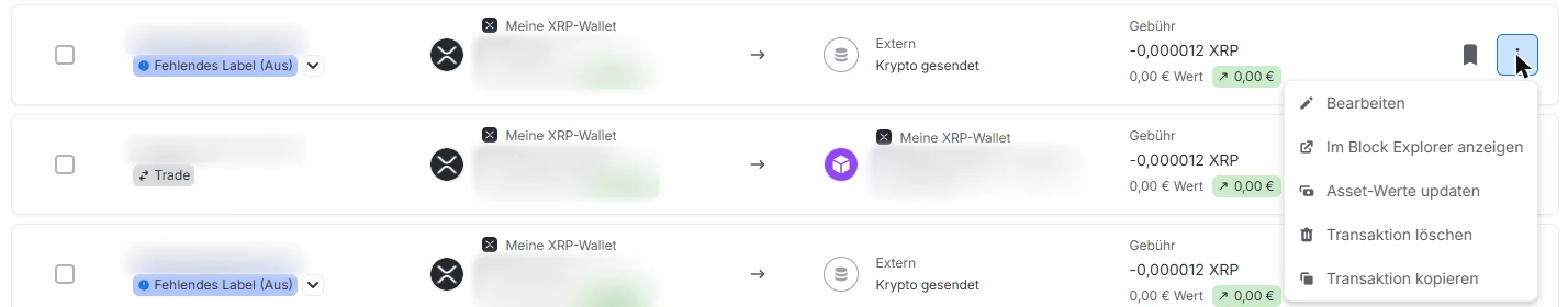 Blockpit Transaktion mit Drei-Punkte-Menü: Bearbeiten, Im Block Explorer anzeigen, Asset-Werte updaten, löschen und kopieren