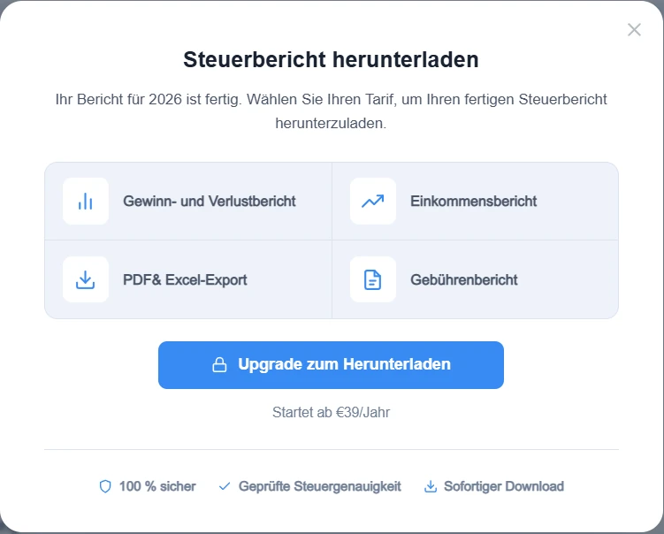 CoinTracking Fenster Steuerbericht herunterladen mit Gewinn- und Verlustbericht, Einkommensbericht, Gebührenbericht und Upgrade ab 39 € im Jahr