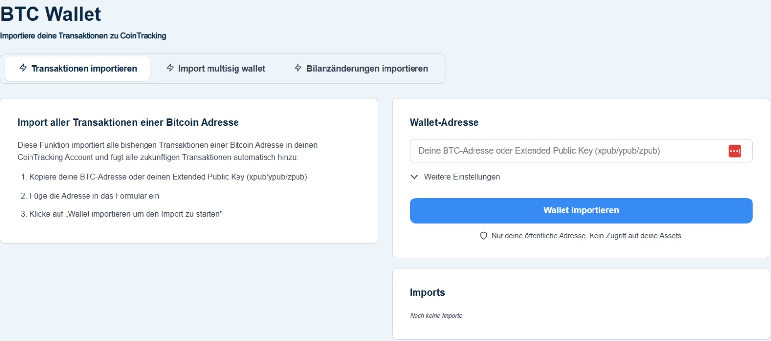 CoinTracking BTC-Wallet-Import mit Feld für Adresse oder Extended Public Key (xpub, ypub, zpub)