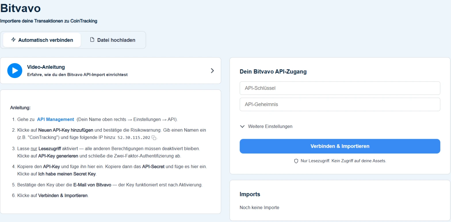 CoinTracking Bitvavo-Importer im Reiter Automatisch verbinden mit Anleitung und leeren Feldern für API-Key und Secret