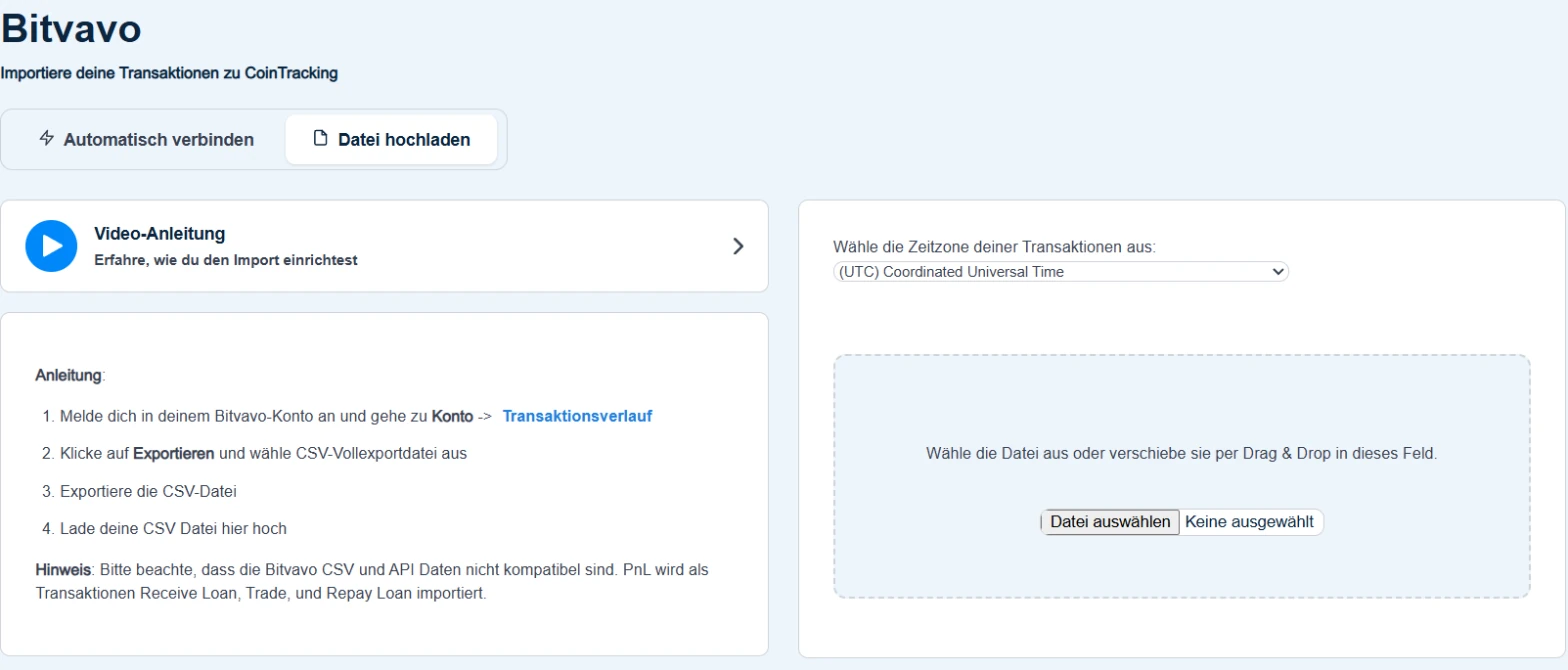 CoinTracking Bitvavo-Importer im Reiter Datei hochladen mit Anleitung, Auswahl der Zeitzone und Upload-Feld