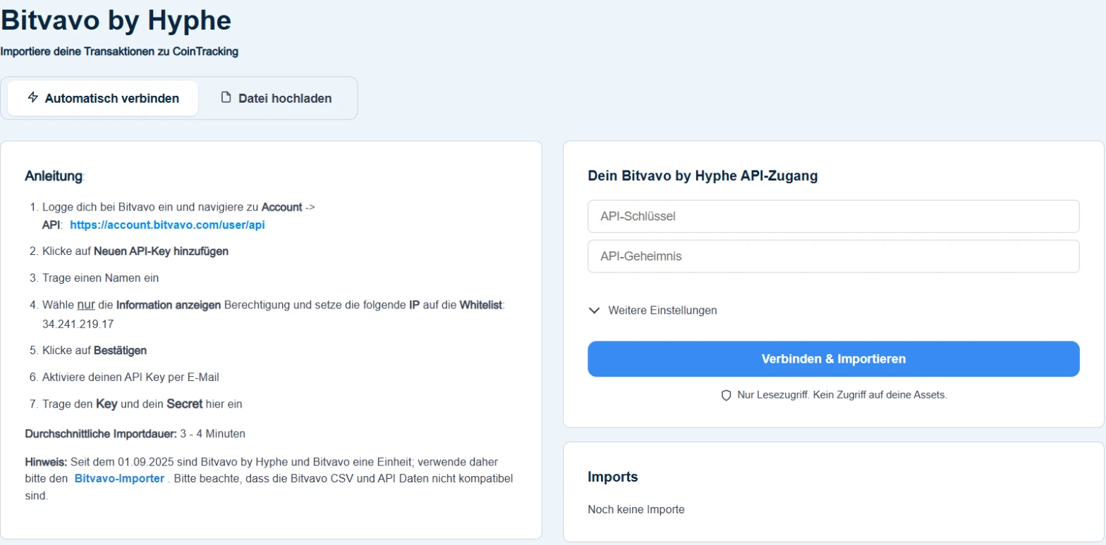 CoinTracking Seite Bitvavo by Hyphe mit dem Hinweis, stattdessen den Bitvavo-Importer zu verwenden