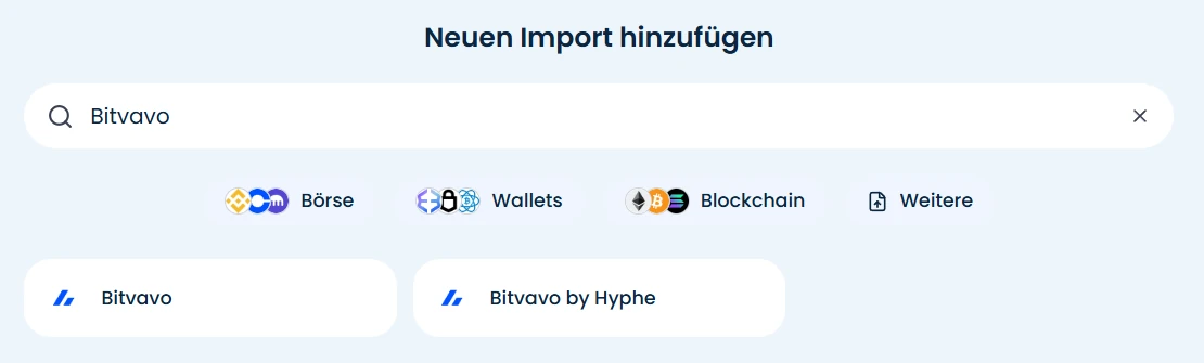 CoinTracking Imports mit Suche nach Bitvavo und den Treffern Bitvavo und Bitvavo by Hyphe