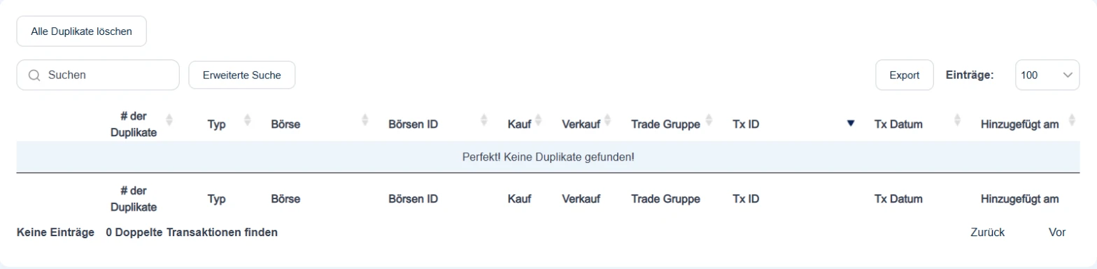CoinTracking Bericht Doppelte Transaktionen mit dem Knopf Alle Duplikate löschen und der Meldung, dass keine Duplikate gefunden wurden