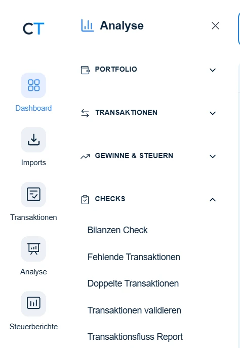 CoinTracking Menü Analyse mit dem Eintrag Checks und den Berichten Bilanzen Check, Fehlende Transaktionen, Doppelte Transaktionen, Transaktionen validieren und Transaktionsfluss Report