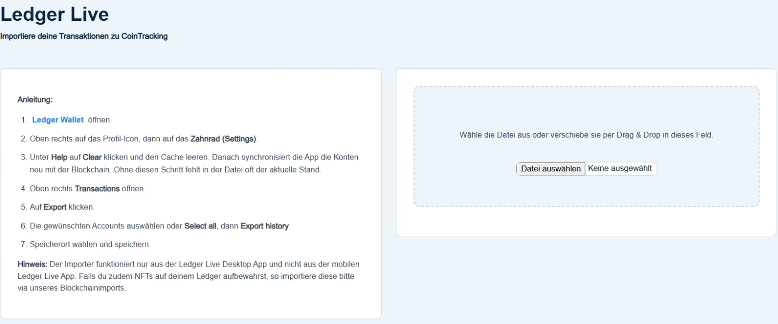CoinTracking Importer Ledger Live mit Anleitung zum Export aus der Desktop-App und Feld zum Hochladen der Datei