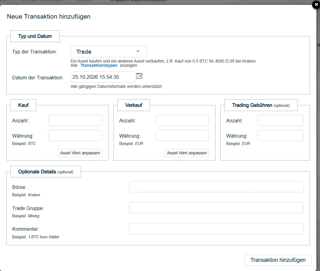 CoinTracking Dialog Neue Transaktion hinzufügen mit Typ, Datum, Kauf, Verkauf, Gebühr, Börse und Kommentar