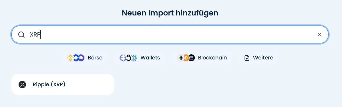 CoinTracking Imports mit Suchfeld und Filtern, Suche nach XRP mit dem Treffer Ripple (XRP)