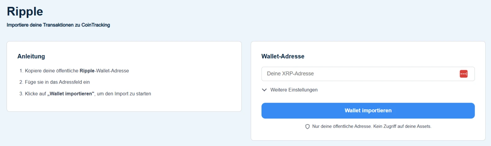CoinTracking: Import-Seite für Ripple mit Anleitung und Feld für die Wallet-Adresse