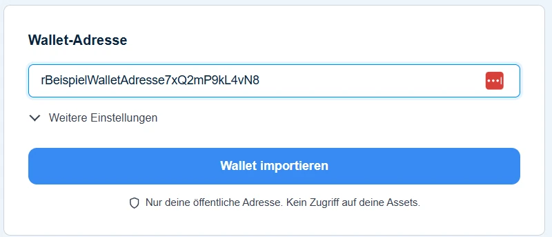 CoinTracking: Feld Wallet-Adresse mit eingetragener Beispieladresse und Knopf „Wallet importieren“