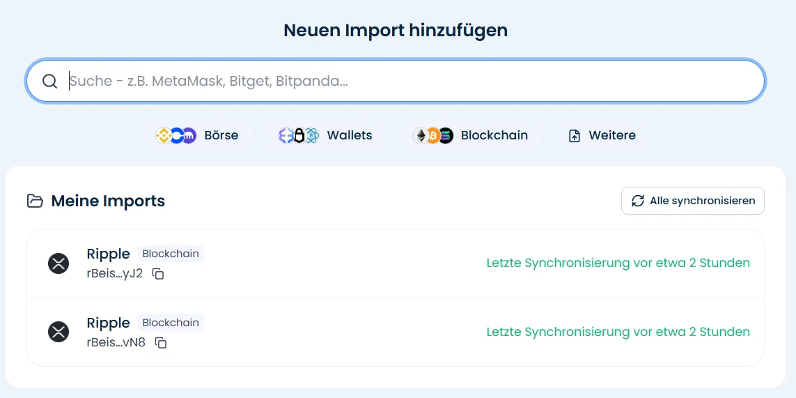 CoinTracking Liste Meine Imports mit zwei Ripple-Adressen und dem Knopf Alle synchronisieren