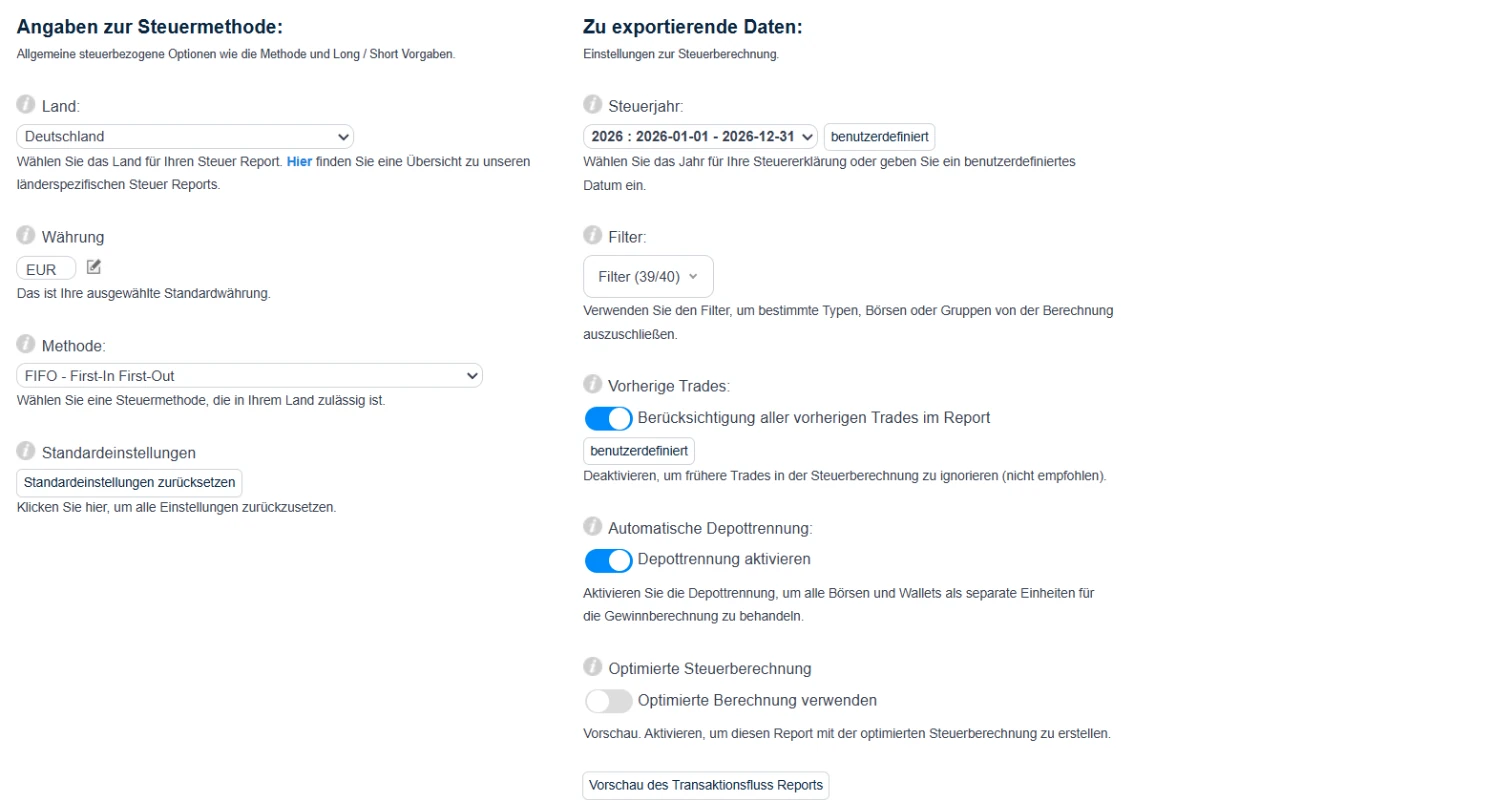 CoinTracking Dialog Angaben zur Steuermethode mit Land Deutschland, Währung EUR, Methode FIFO und dem Schalter Depottrennung aktivieren