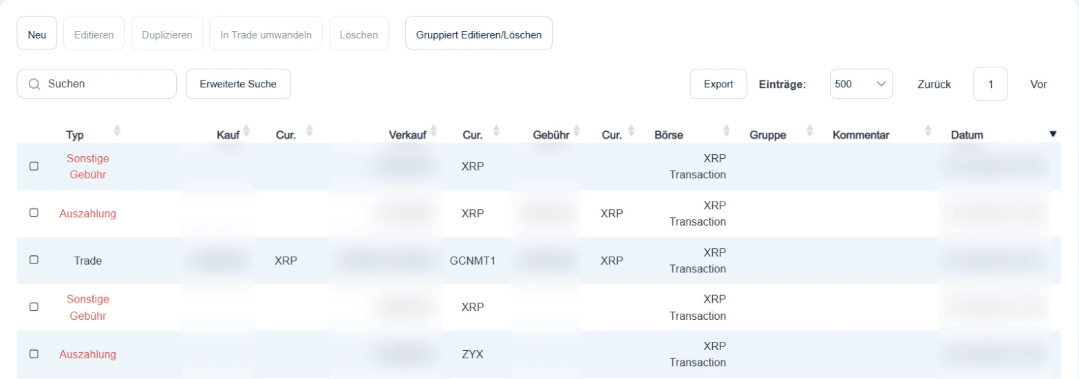 CoinTracking Transaktionsliste mit Werkzeugleiste Neu, Editieren, Löschen und Gruppiert Editieren; Beträge und Zeiten unkenntlich