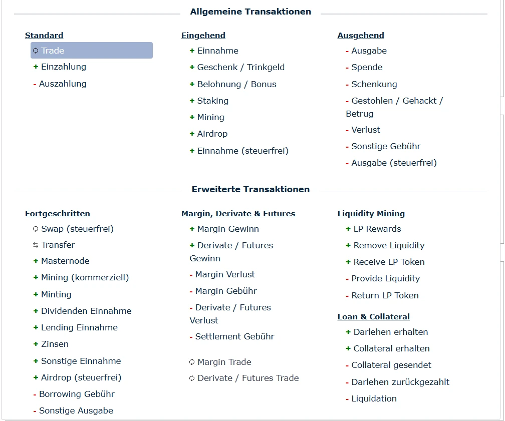 CoinTracking Auswahl der Transaktionstypen mit Standard, Eingehend, Ausgehend und erweiterten Typen wie Staking und Airdrop