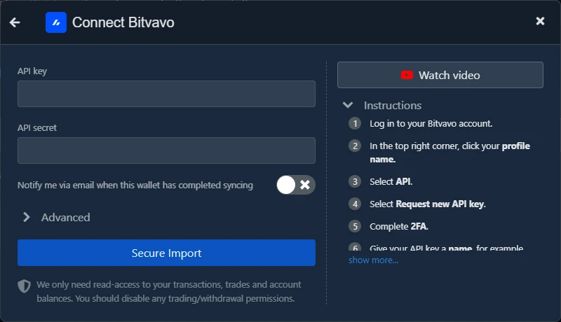 Koinly Auto-Sync für Bitvavo mit leeren Feldern API key und API secret und der Anleitung zum Anlegen des Keys
