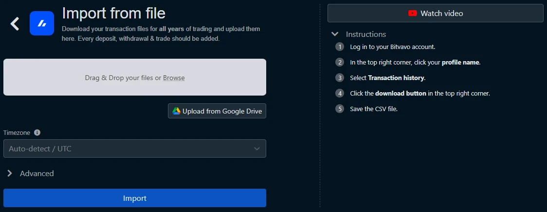 Koinly Import from file für Bitvavo mit Upload-Feld, Auswahl der Zeitzone und der Anleitung zum CSV-Export