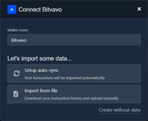 Koinly Dialog Connect Bitvavo mit Wallet-Name und den Optionen Setup auto-sync, Import from file und Create without data