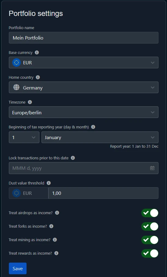 Koinly Settings Portfolio mit Base currency EUR, Home country Germany, Timezone Europe/Berlin und den Schaltern für Airdrops, Forks, Mining und Rewards als Einkommen