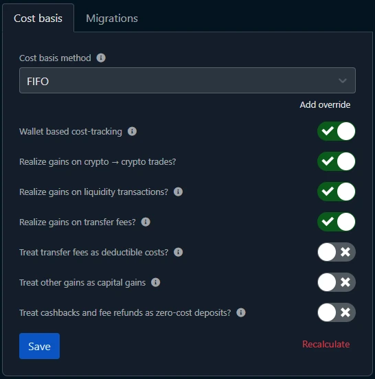 Koinly Settings Cost basis mit Methode FIFO, eingeschaltetem Wallet based cost-tracking und den Schaltern zu Gewinnen bei Tausch, Liquidität und Transfergebühren