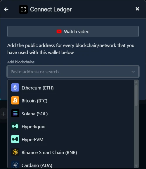 Koinly Ledger Auto-Sync mit Feld Add blockchains und der Liste Ethereum, Bitcoin, Solana, Hyperliquid und weiteren Chains