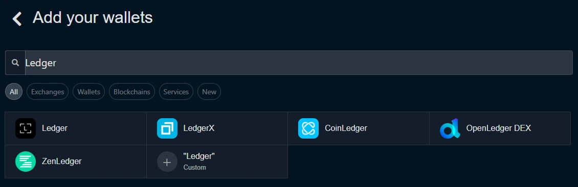 Koinly Add wallet / exchange mit Suche nach Ledger und Treffern wie Ledger, LedgerX und Custom