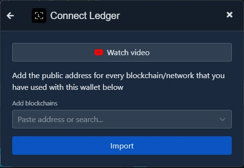 Koinly Dialog Connect Ledger mit den Optionen Setup auto-sync, Import from file und Create without data
