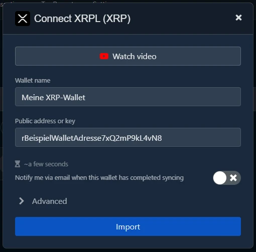 Koinly: Dialog „Connect XRPL (XRP)“ mit Wallet-Name und Beispieladresse
