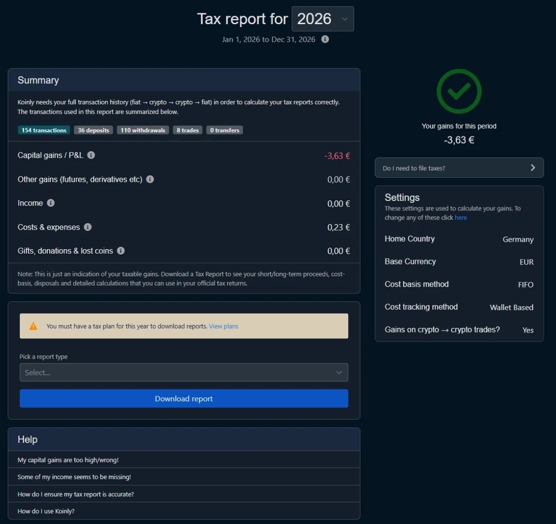 Koinly Tax Reports 2026 mit Zusammenfassung des Jahres und Hinweis, dass der Download einen Plan braucht