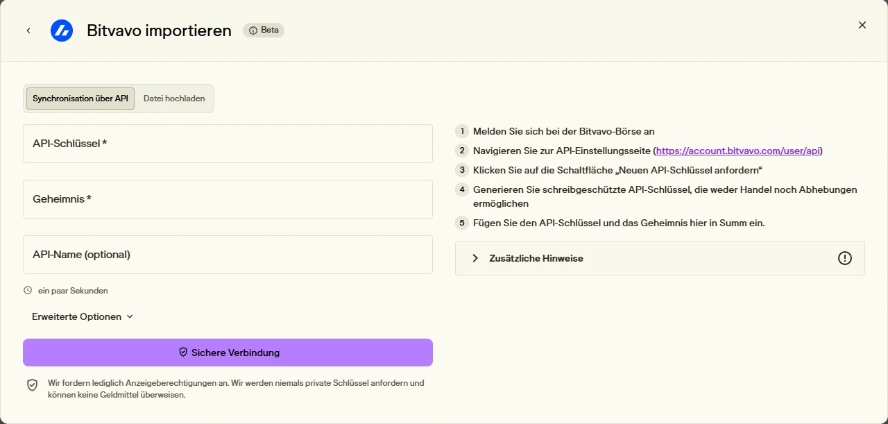 Summ Dialog Bitvavo importieren im Reiter Synchronisation über API mit leeren Feldern für API-Schlüssel und Geheimnis