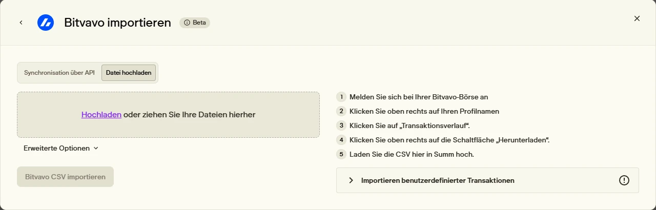Summ Dialog Bitvavo importieren im Reiter Datei hochladen mit Upload-Feld und Anleitung zum Export bei Bitvavo