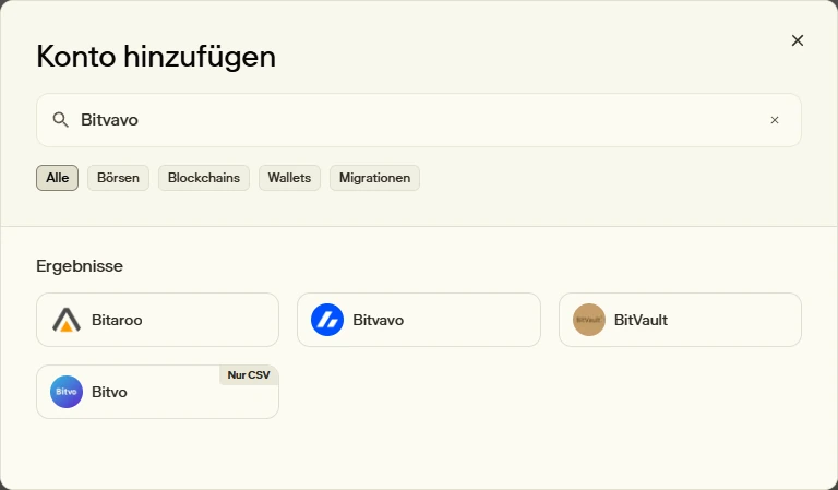 Summ Dialog Konto hinzufügen mit Suche nach Bitvavo und den Filtern Alle, Börsen, Blockchains, Wallets und Migrationen