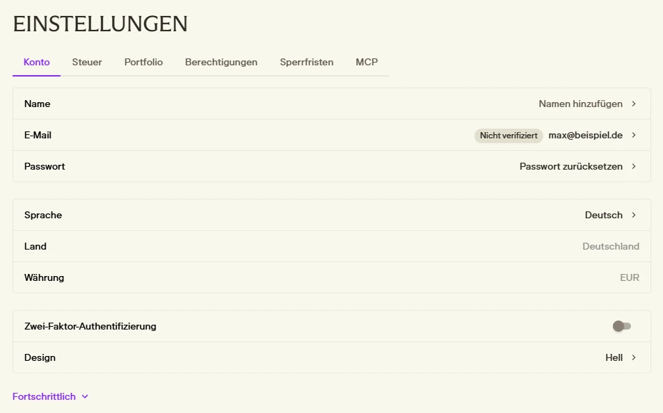 Summ Einstellungen im Reiter Konto mit Sprache Deutsch sowie Land Deutschland und Währung EUR in Grau, also nicht änderbar