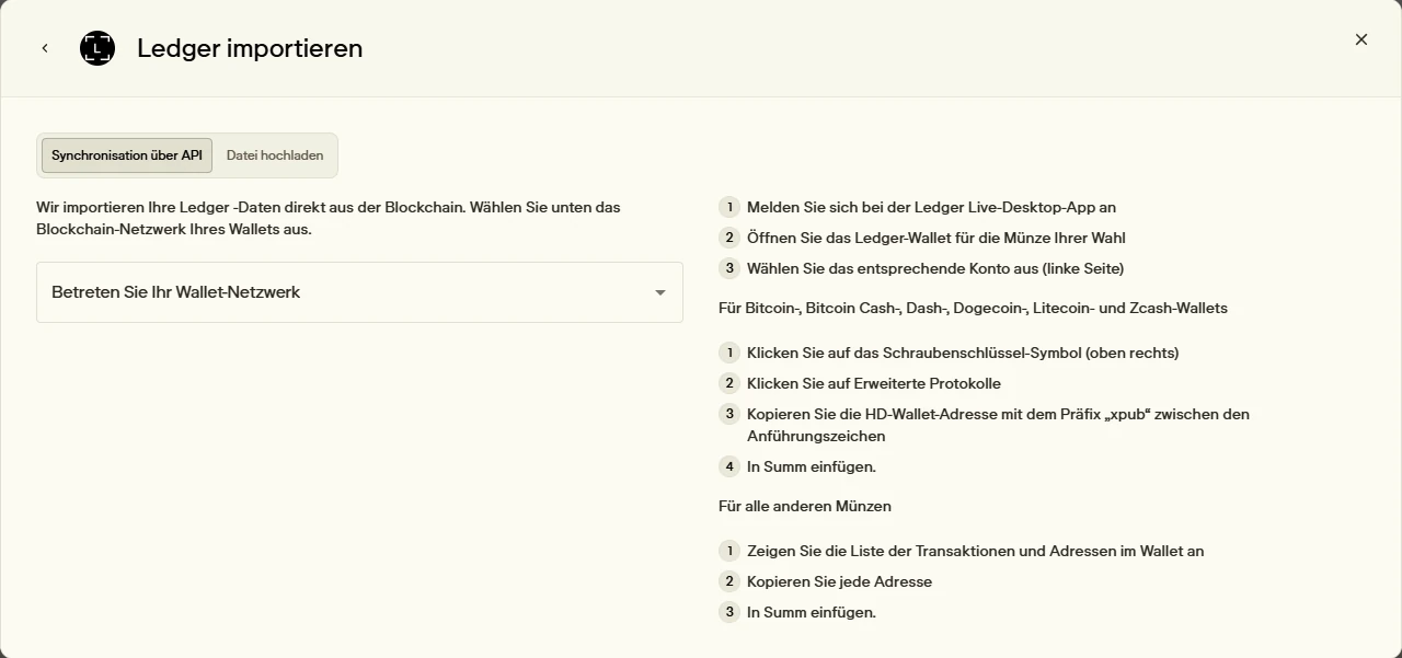 Summ Dialog Ledger importieren mit Auswahl des Wallet-Netzwerks und Anleitung für xpub und einzelne Adressen