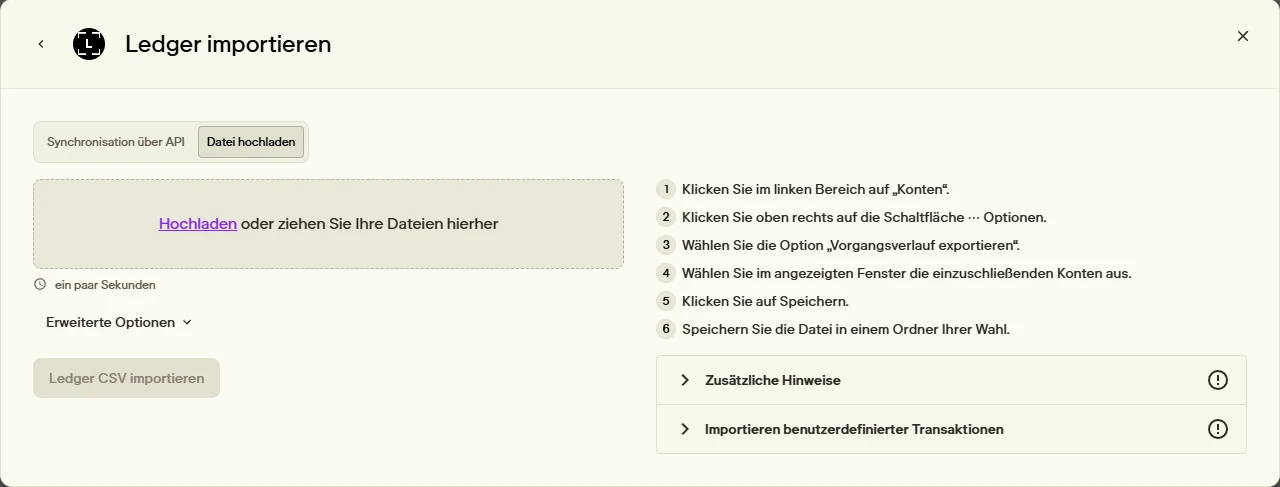 Summ Dialog Ledger importieren im Reiter Datei hochladen mit Anleitung zum Export aus Ledger Live
