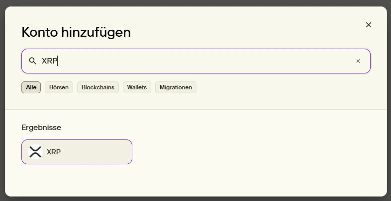 Summ Dialog Konto hinzufügen mit Suche nach XRP aus unserem eigenen Importtest