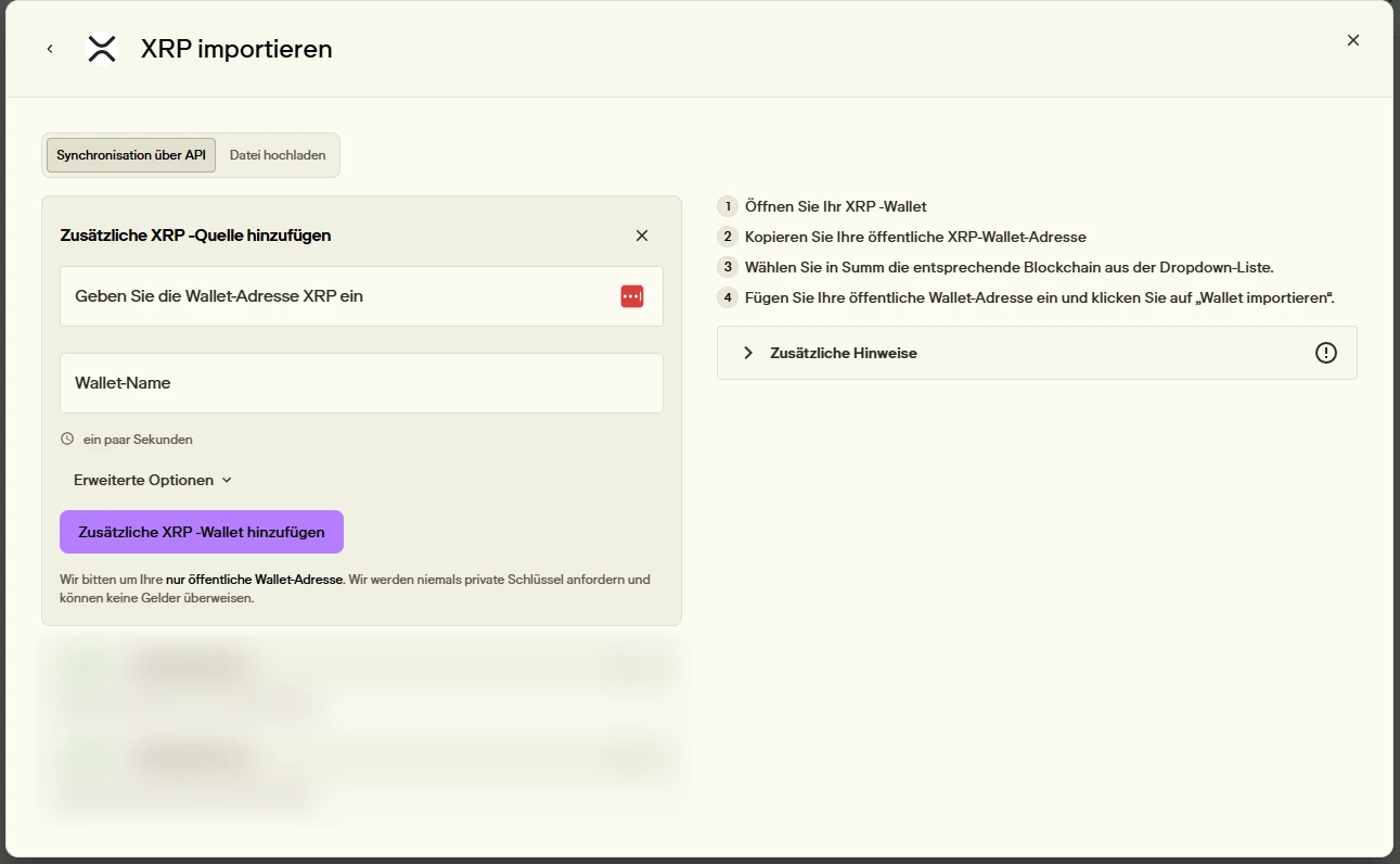 Summ Dialog XRP importieren mit Feldern für die öffentliche Wallet-Adresse und einen Wallet-Namen
