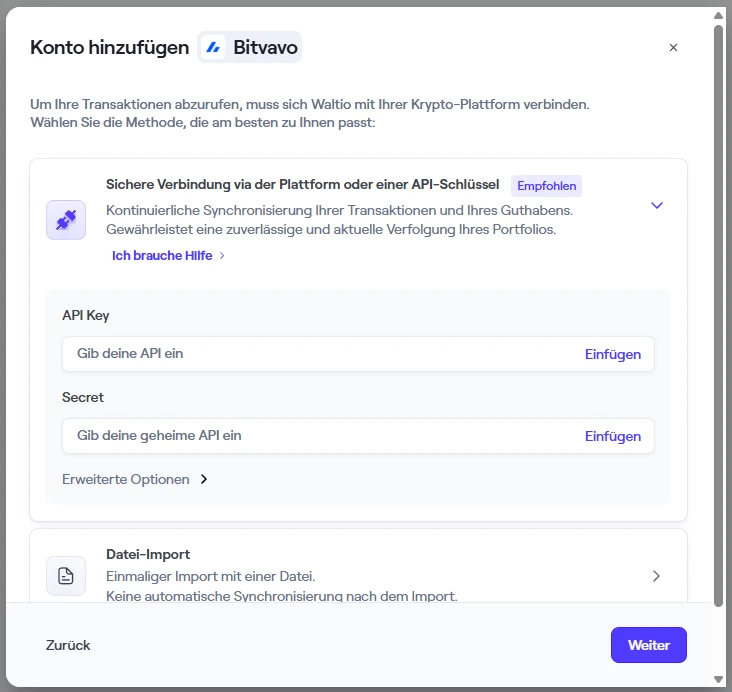 Waltio Bitvavo-Verbindung mit leeren Feldern API Key und Secret, Erweiterte Optionen und den Knöpfen Zurück und Weiter