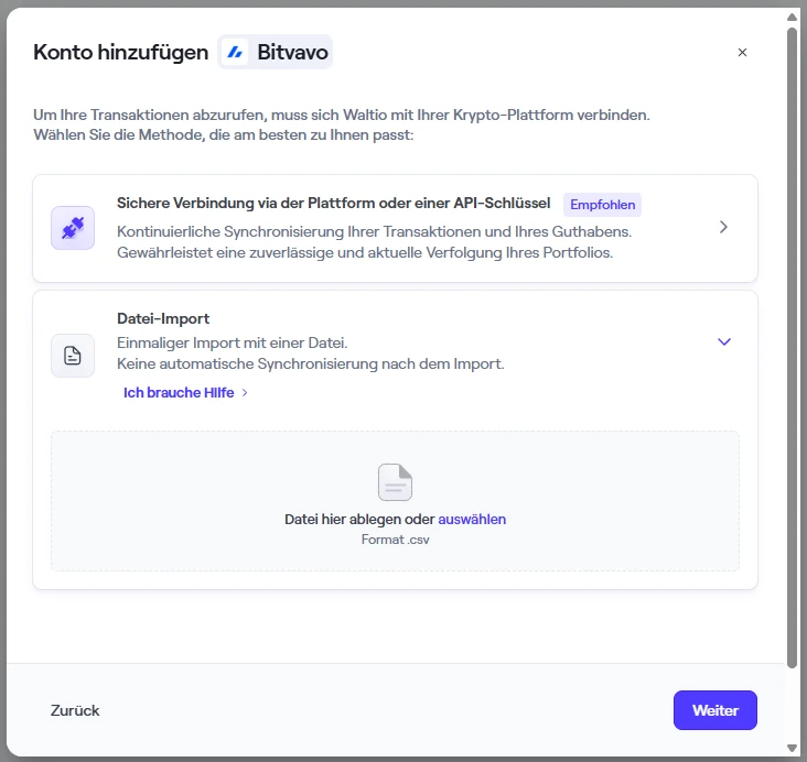 Waltio Datei-Import für Bitvavo mit Feld zum Ablegen einer Datei im Format .csv