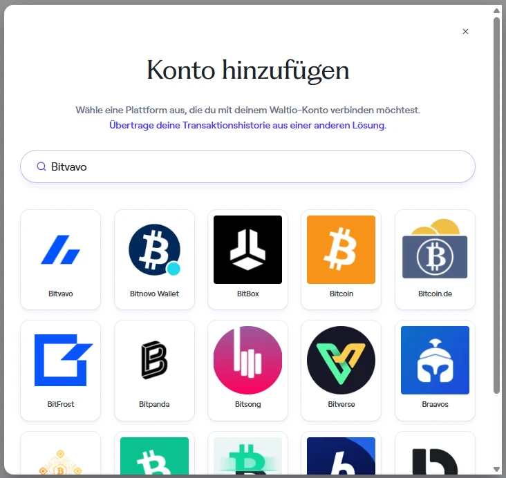 Waltio Konto hinzufügen mit Suche nach Bitvavo und der Kachel Bitvavo