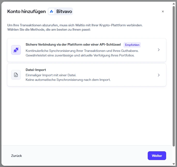 Waltio Dialog Konto hinzufügen Bitvavo mit den Wegen Sichere Verbindung (Empfohlen) und Datei-Import