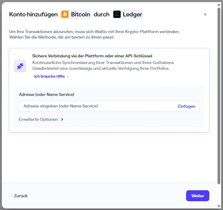 Waltio Konto hinzufügen Bitcoin durch Ledger mit dem Feld Adresse (oder Name Service) und Erweiterte Optionen
