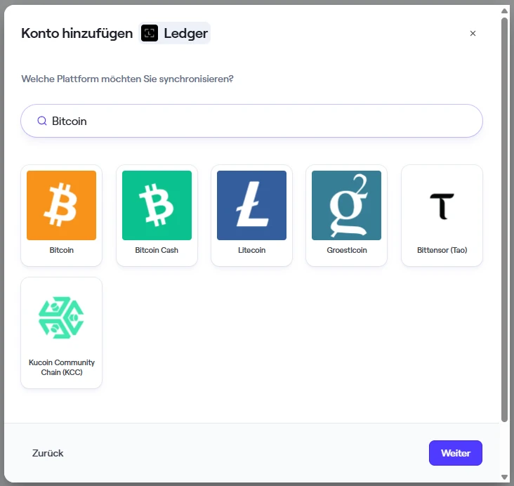 Waltio Ledger-Dialog Welche Plattform möchten Sie synchronisieren mit Suche nach Bitcoin
