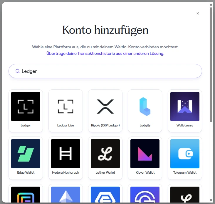 Waltio Konto hinzufügen mit Suche nach Ledger und den Kacheln Ledger und Ledger Live