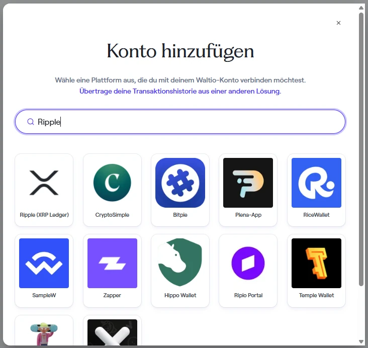Waltio: Dialog „Konto hinzufügen“ mit Suche nach Ripple